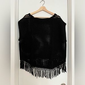 Elie Tahari Women's Crochet Sweater Open Knit Fringe Boho Black Size XS/S